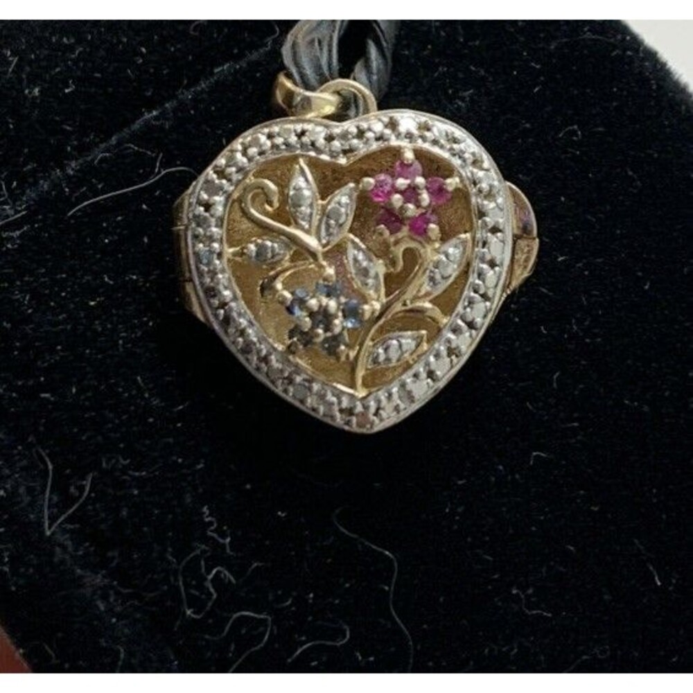 Vintage Sterling Silver Gold Vermeil Sapphire Ruby Heart Locket Pendant